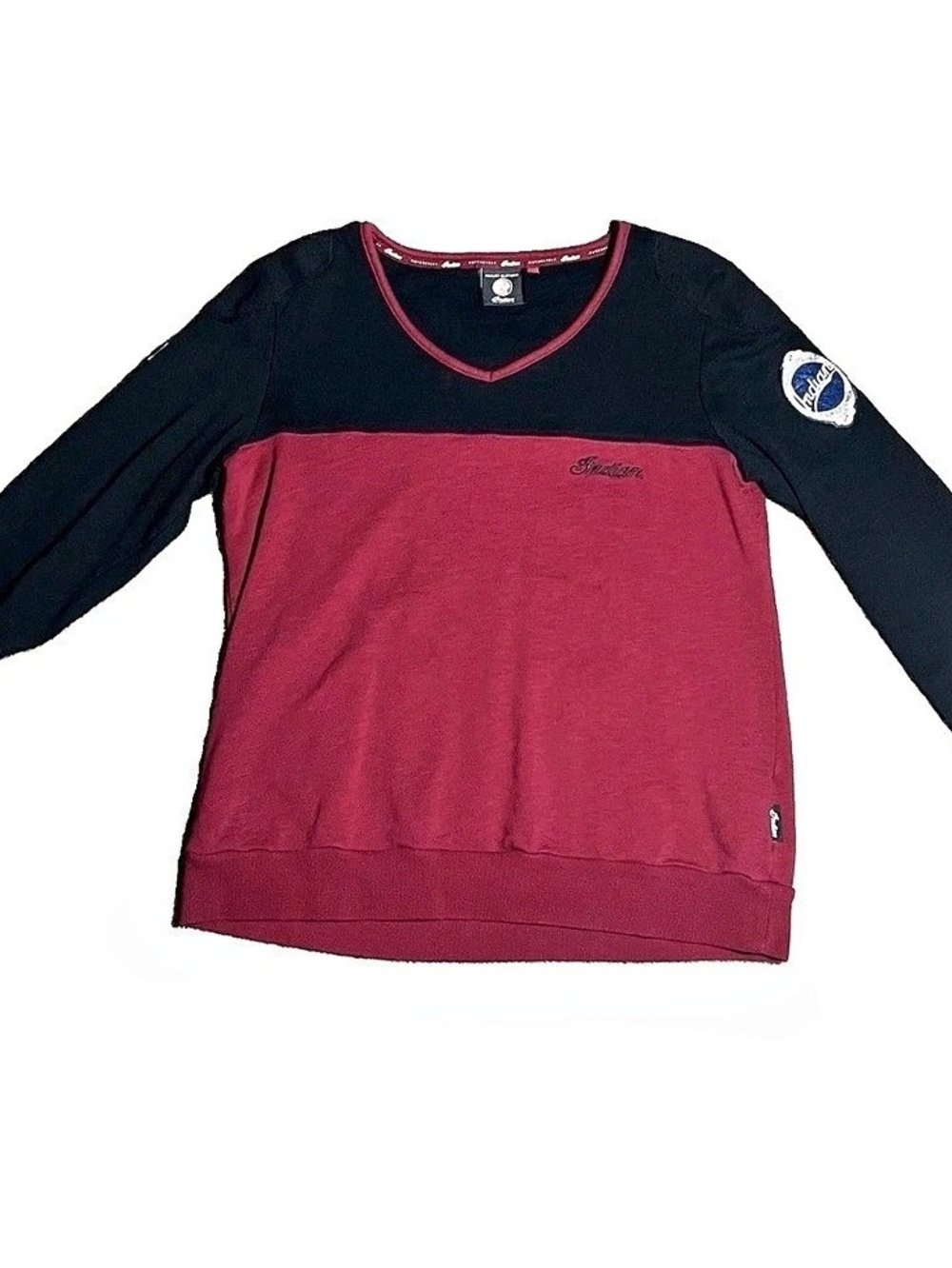 Indian Motorcycle Womens Large L/S V-Neck Blouse Top Black Red Embroidered Logo